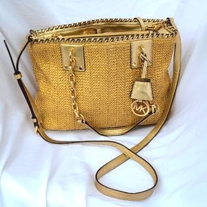 Michael Kors Rosalie Leather Trim Raffia East-West Tote Bag Satchel
